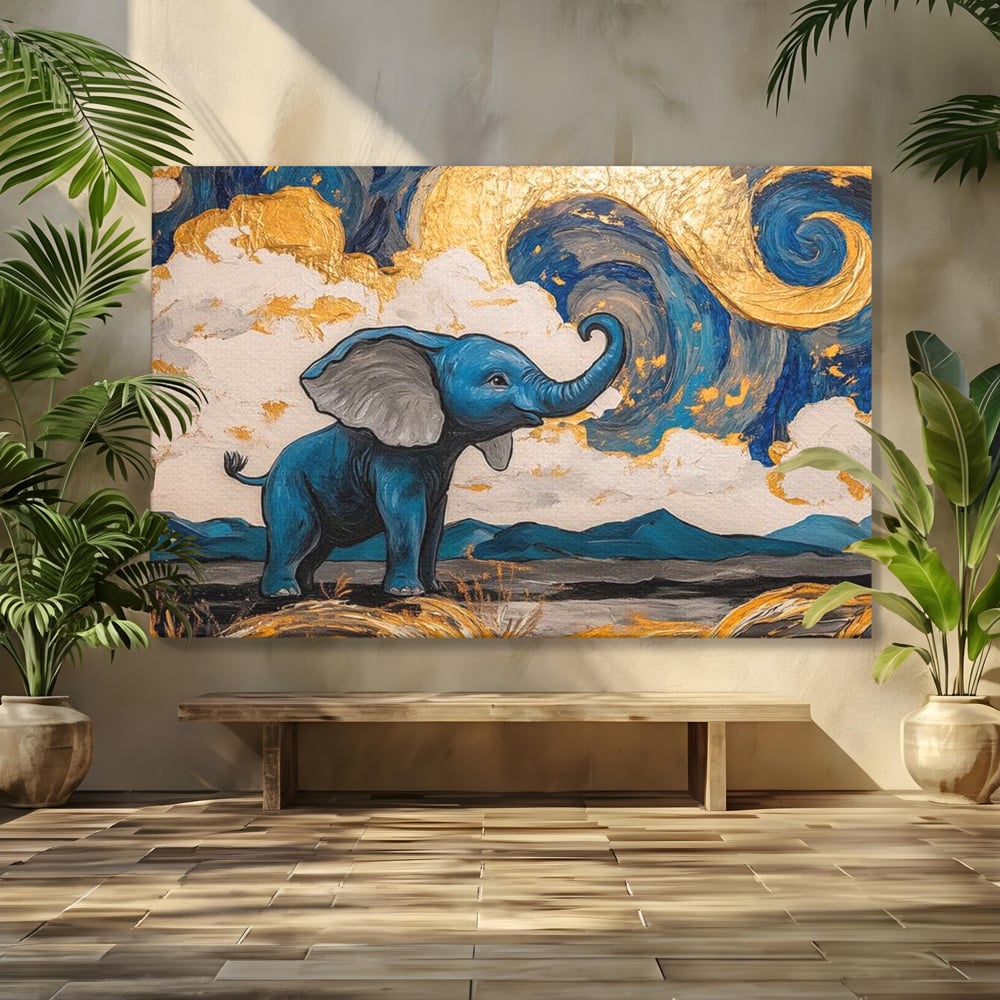 Tablou canvas cu tablou canvas cu elefant albastru, fara rama, pe sasiu de lemn